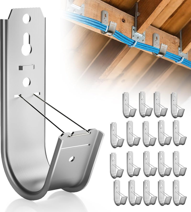 Dabolang 20 Pack J Cable Hook with Retainer Clip, 2-Inch Heavy Duty Wall Mount J-Hooks,J-Hook for Hanging Cable & Wire,Cable Hooks for Structured Cabling and Cable Management - Image 1